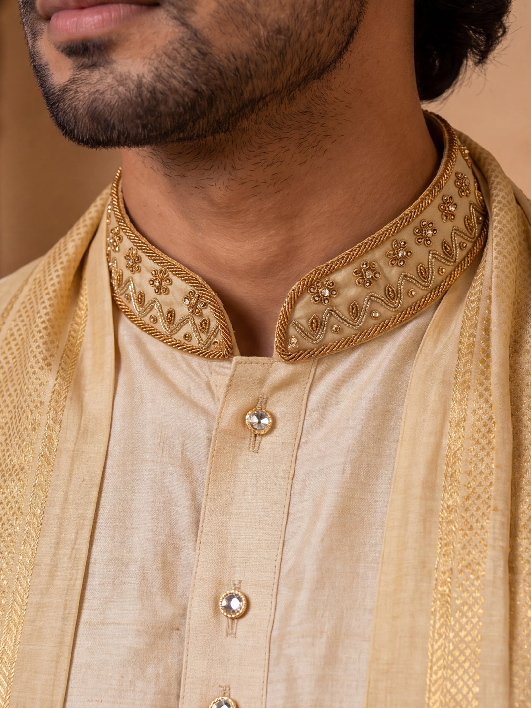 Premium Pure Tussar Silk Hand Embroidered  Mango Sleeves Motif Kurta Panchakacham & Angavastram | Thanga Vaibhavam