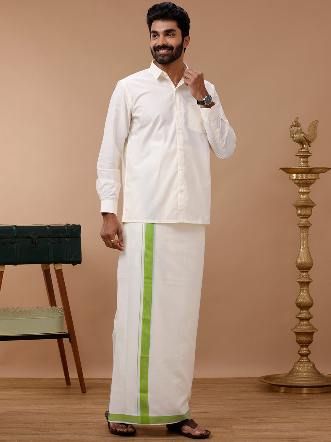 Men Green Fancy Border Double Layer Kora Dhoti VKF02