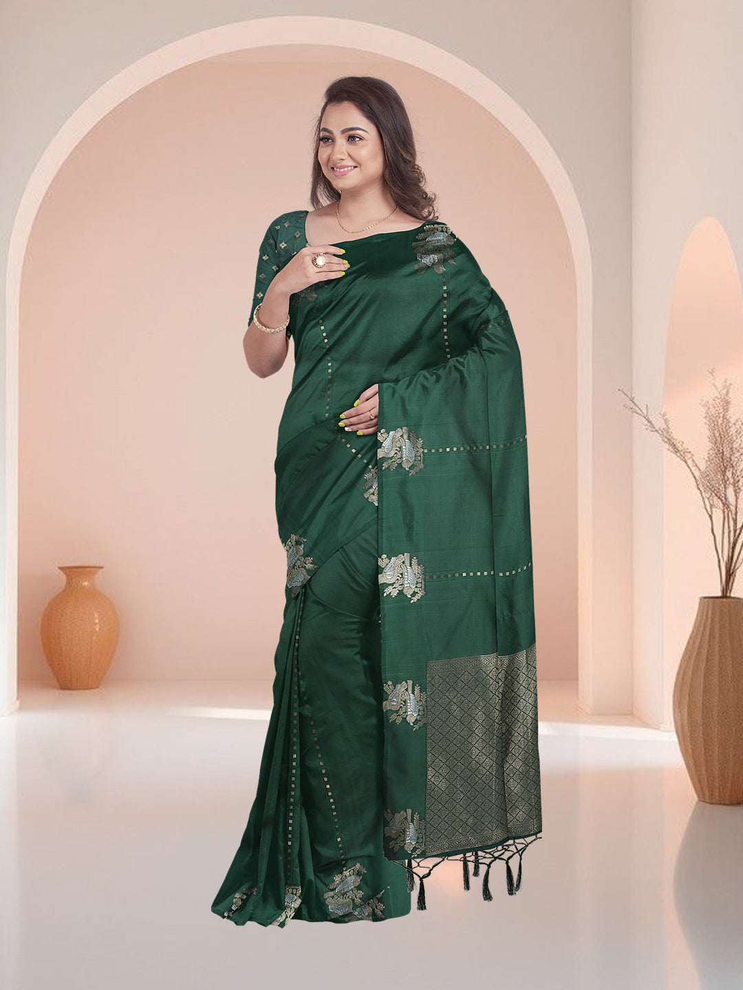 Women Dark Green Semi Silk Saree SS360