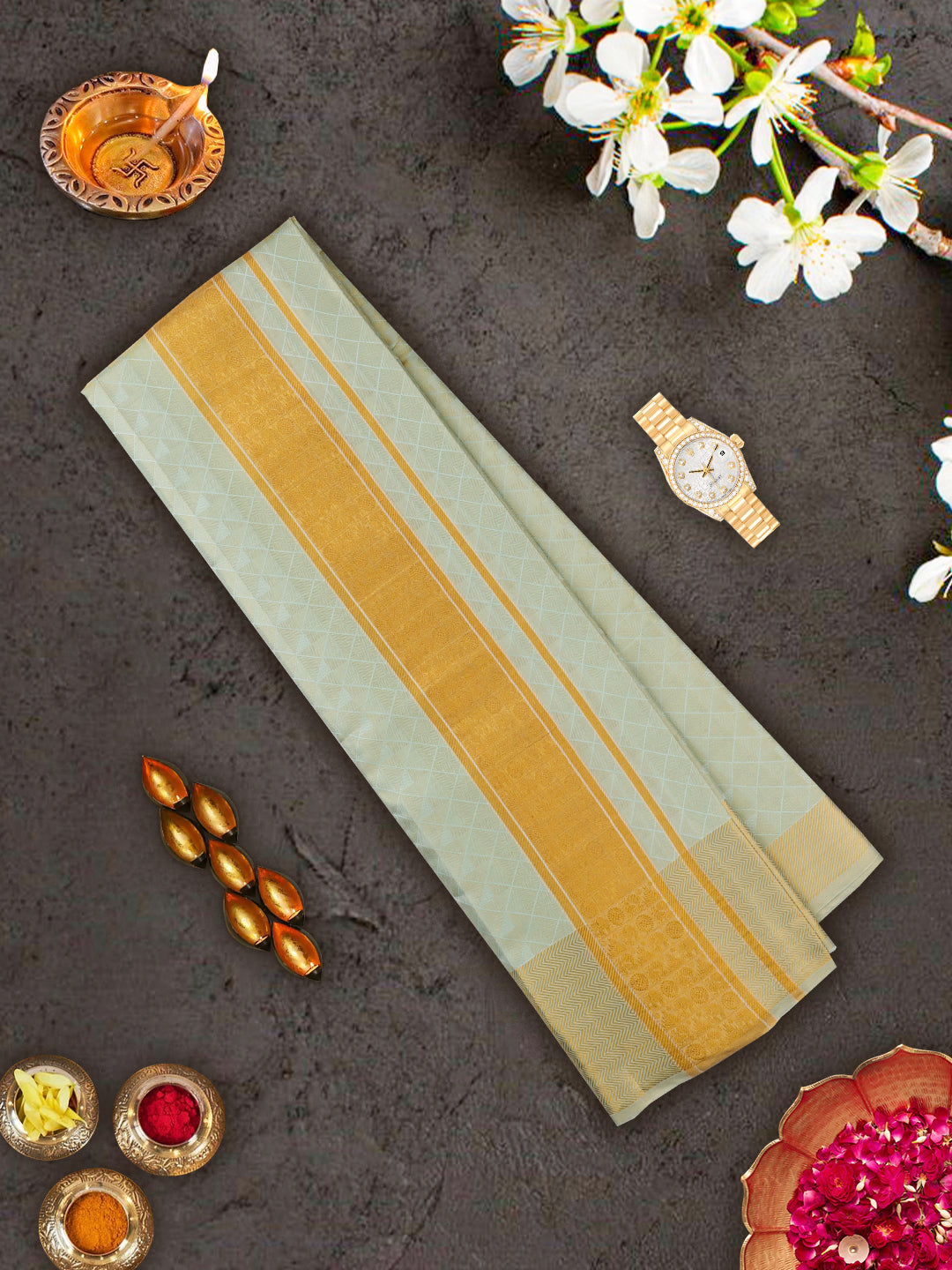 Premium Pure Silk Tissue Green Dhoti with 5" Gold Jari Border Upasana