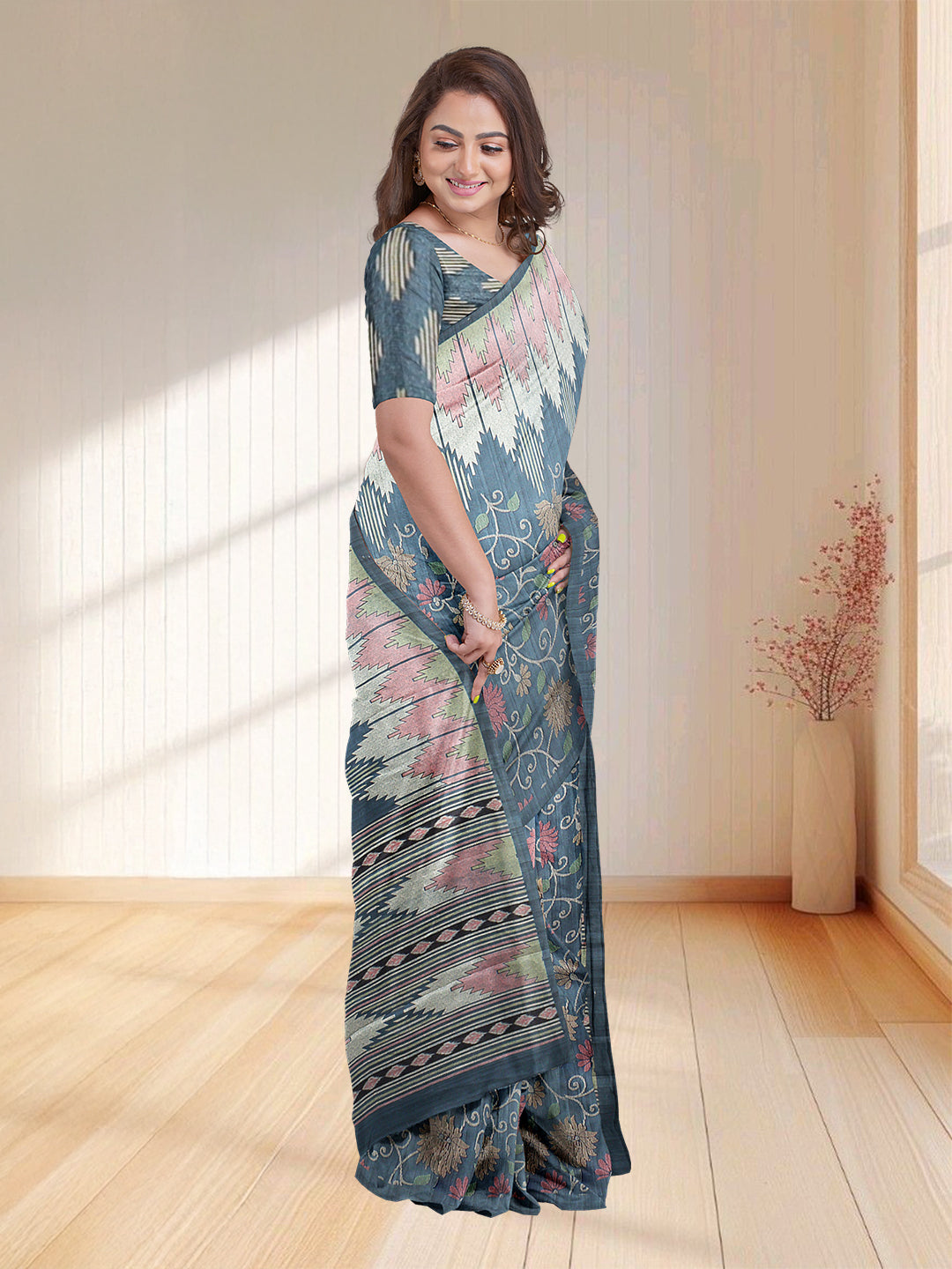 Women Blue Semi Tussar Printed Saree ST251