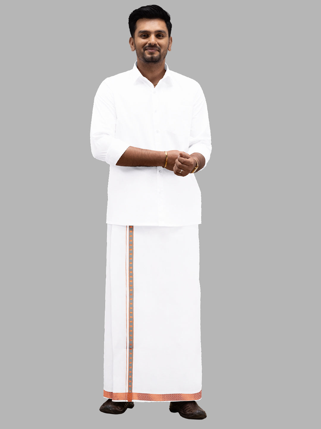 Men White with Grey Fancy Jari Border Single Layer Dhoti Roxy R01