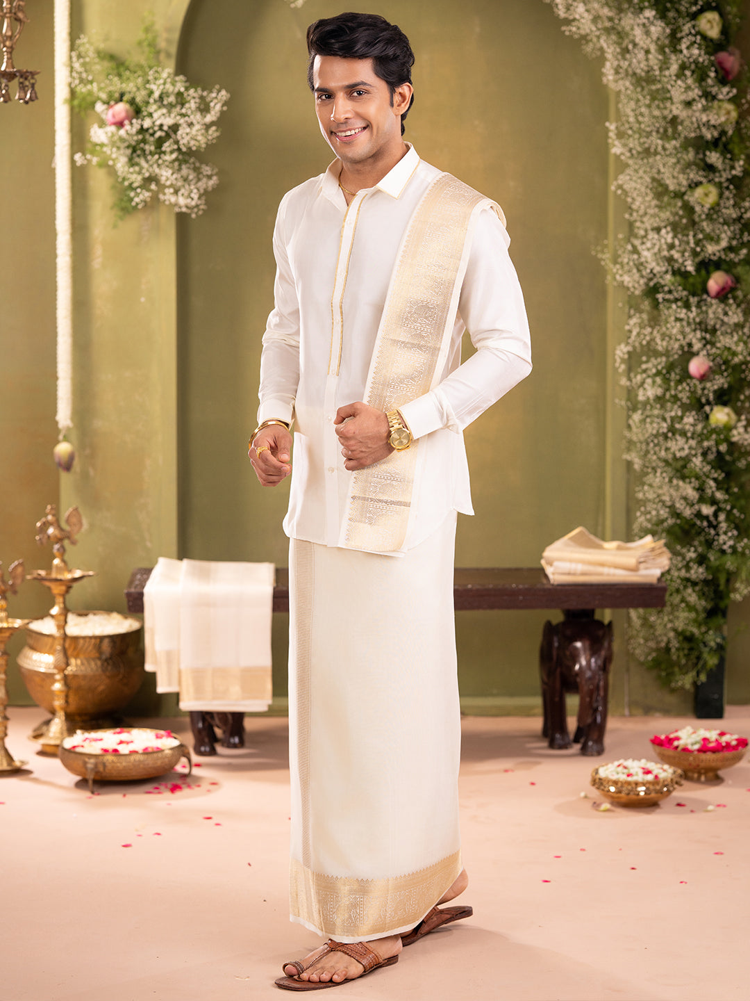 Premium Pure Silk Gold Jari Elephant Design Dhoti Shirting & Towel Set with 5" Jari Border – Rajadharbar