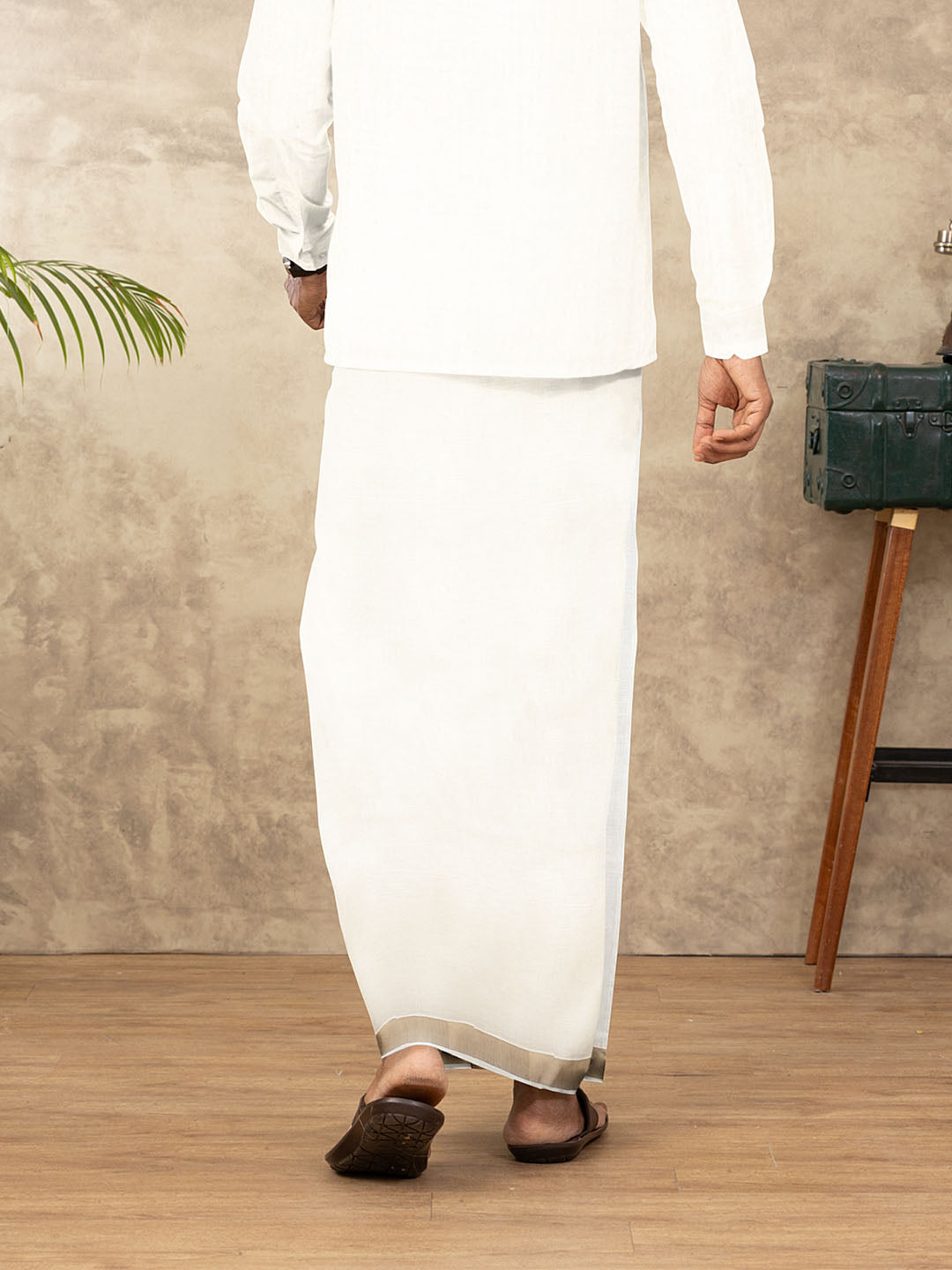 Men Kora Cotton Double Layer Cream Dhoti with 1 1/2"inch Gold Jari Border Antique