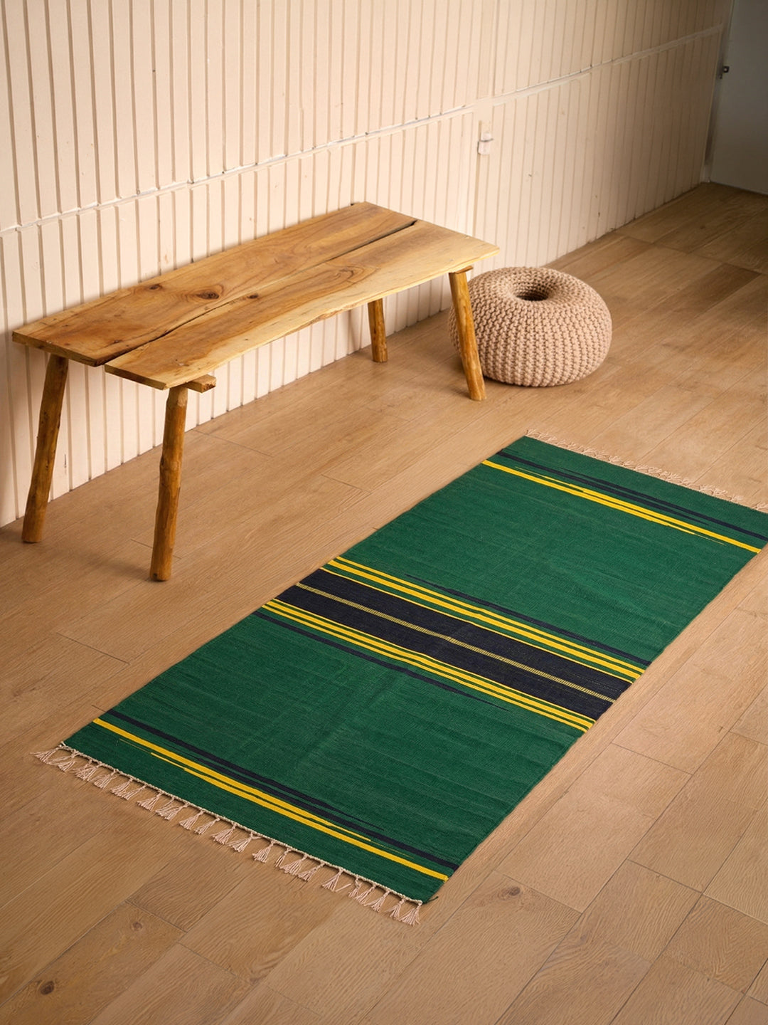Bhavani Jamakkalam / Handwoven Cotton Carpet Green Base with Blue & Yellow Stripes (3.25 ft × 6.5 ft)
