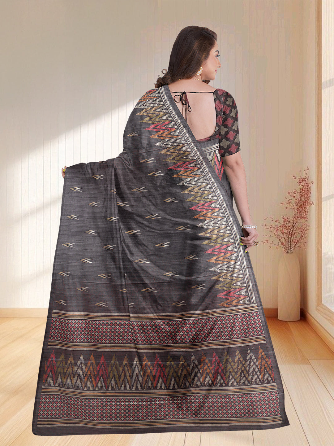 Women Dark Grey Semi Tussar Printed Saree ST264