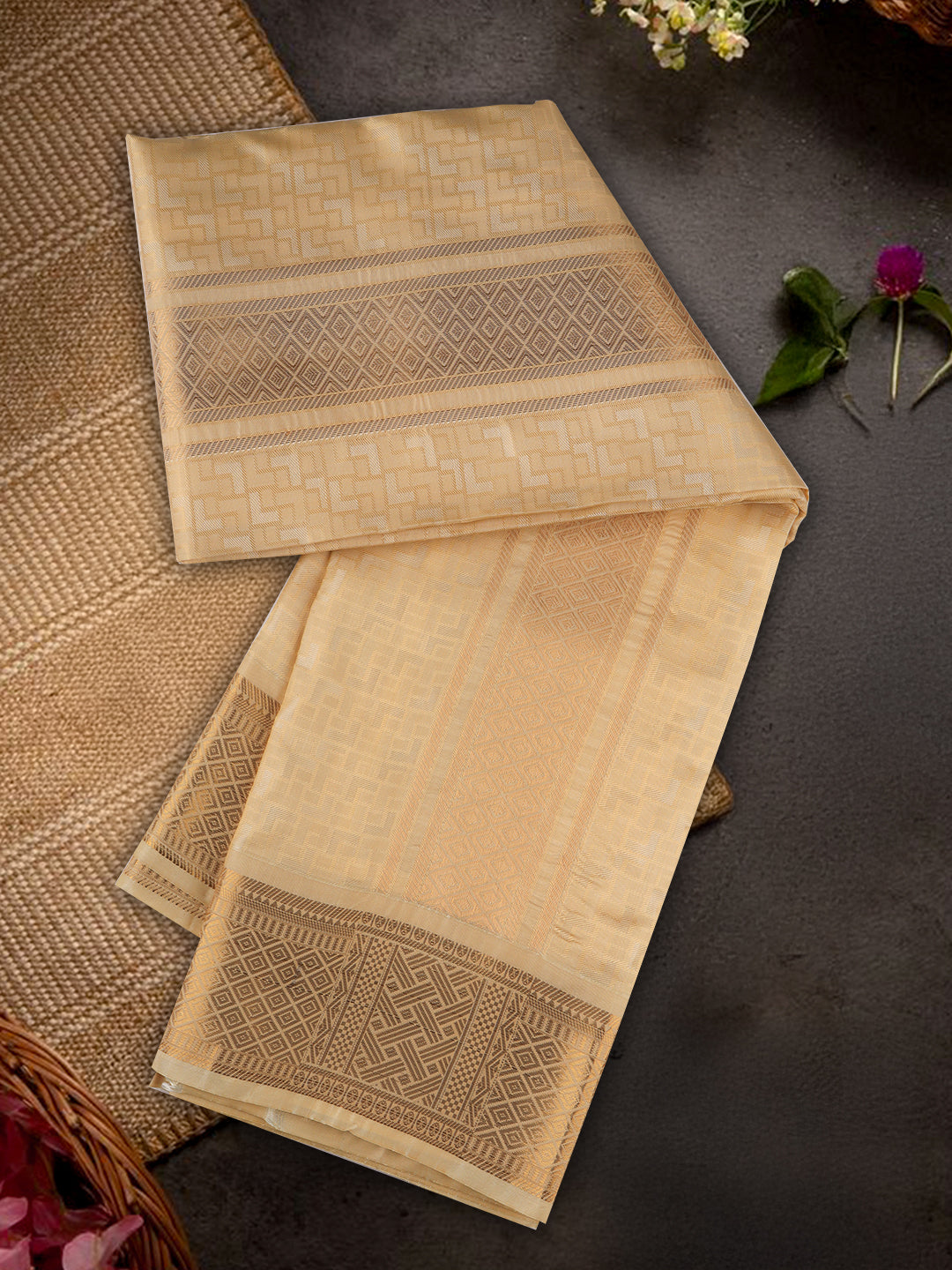 Men Art Silk Jari Dhoti & Shirting Peach Mangalakara Set 140k (2 in 1)