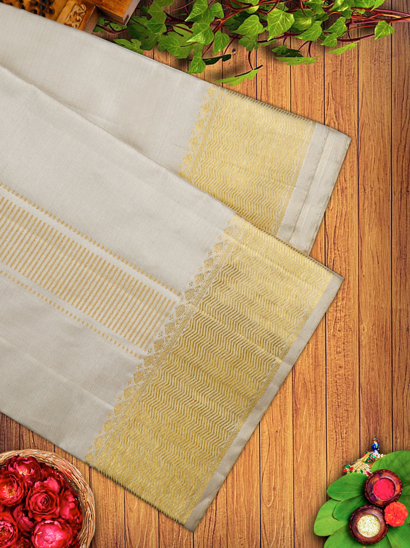 Premium Pure Silk Tissue Gold Dhoti With Angavastram 4" Jari Border Agarshanaa