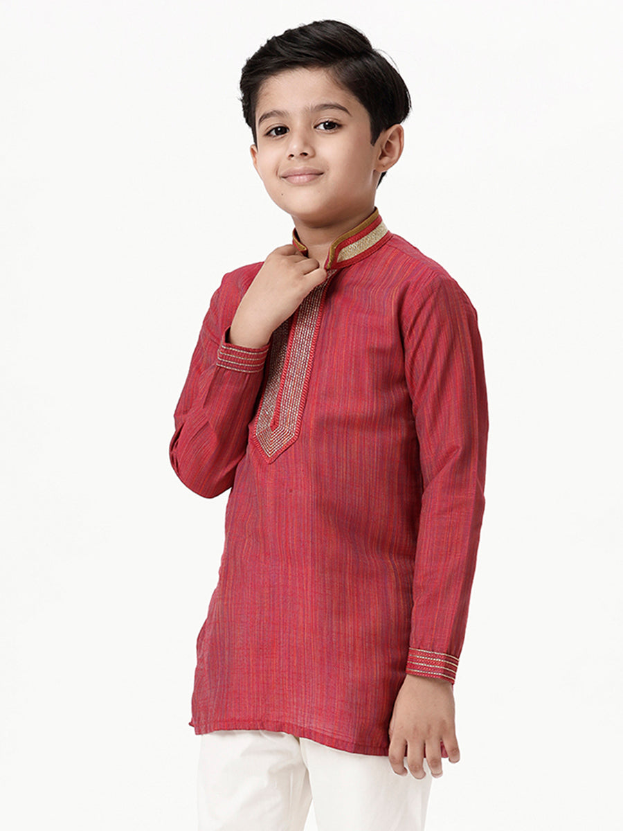 Boys Cotton Embellished Neckline Full Sleeves Red Kurta-Side view
