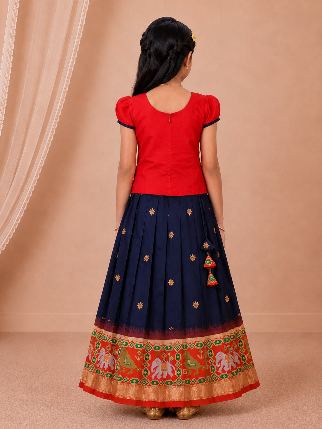 Girls Art Silk Red with Navy Pattu Pavadai Set GPS64