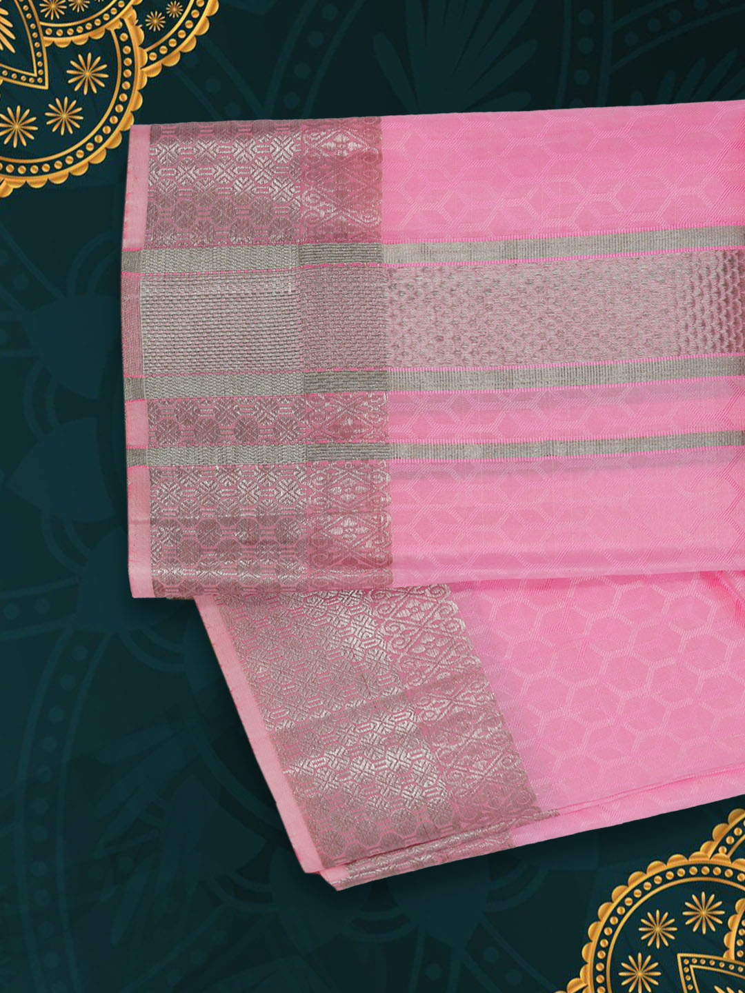 Men Pure Silk Embossed Pink Dhoti & Towel Set with 3" inch Silver Fancy Jari Border