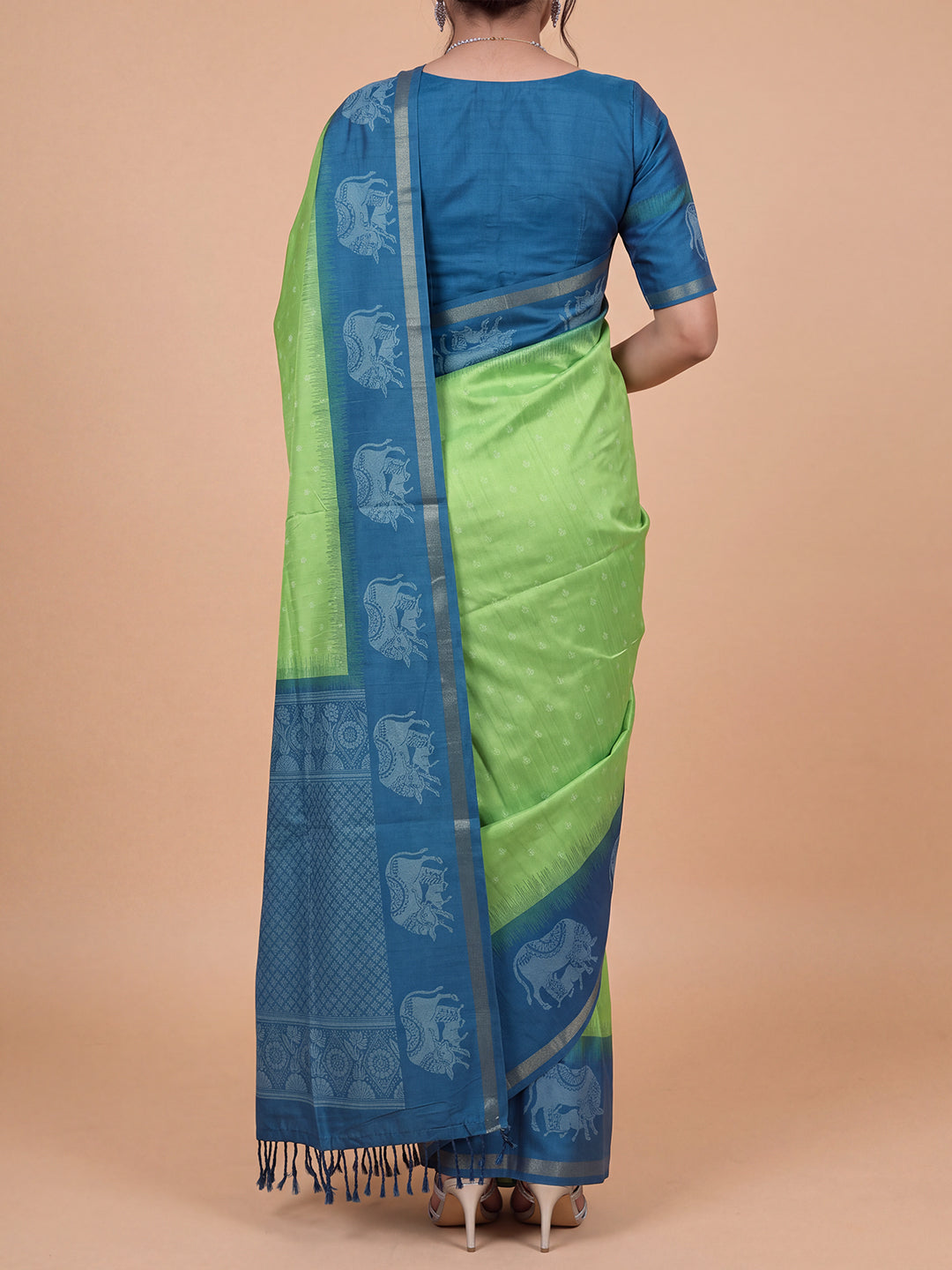 Women Semi Raw Silk Peacock Blue with Parrot Green Fancy Printed Saree SRS130