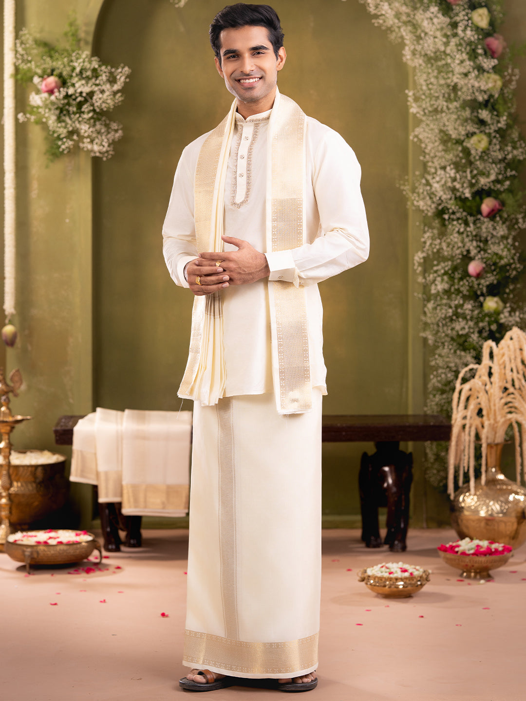 Premium Pure Silk 3" Cream Wedding Dhoti & Towel Set – Virutcham