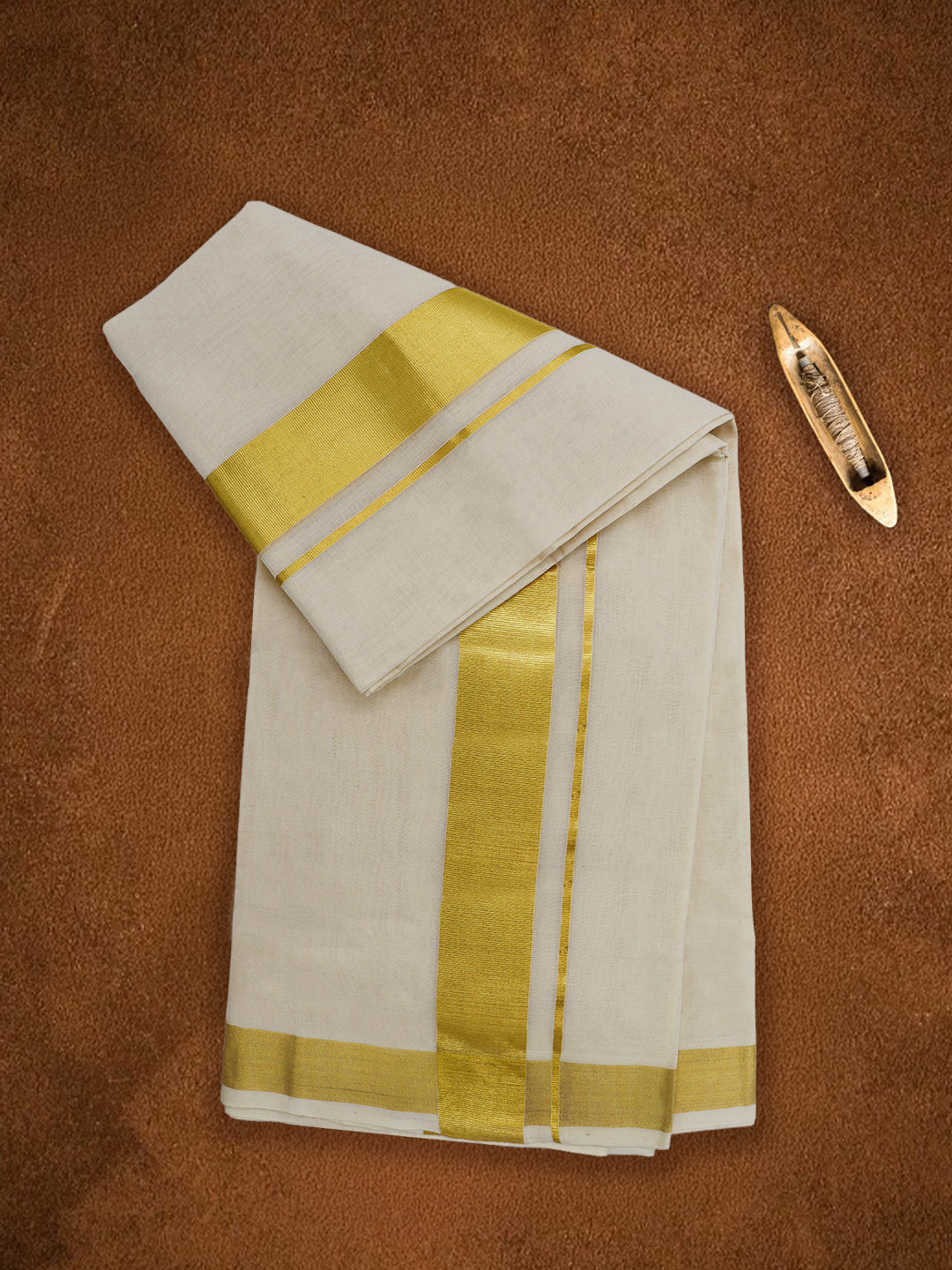 Men Premium Handloom Cream Dhoti with Gold Jari Border HLM91