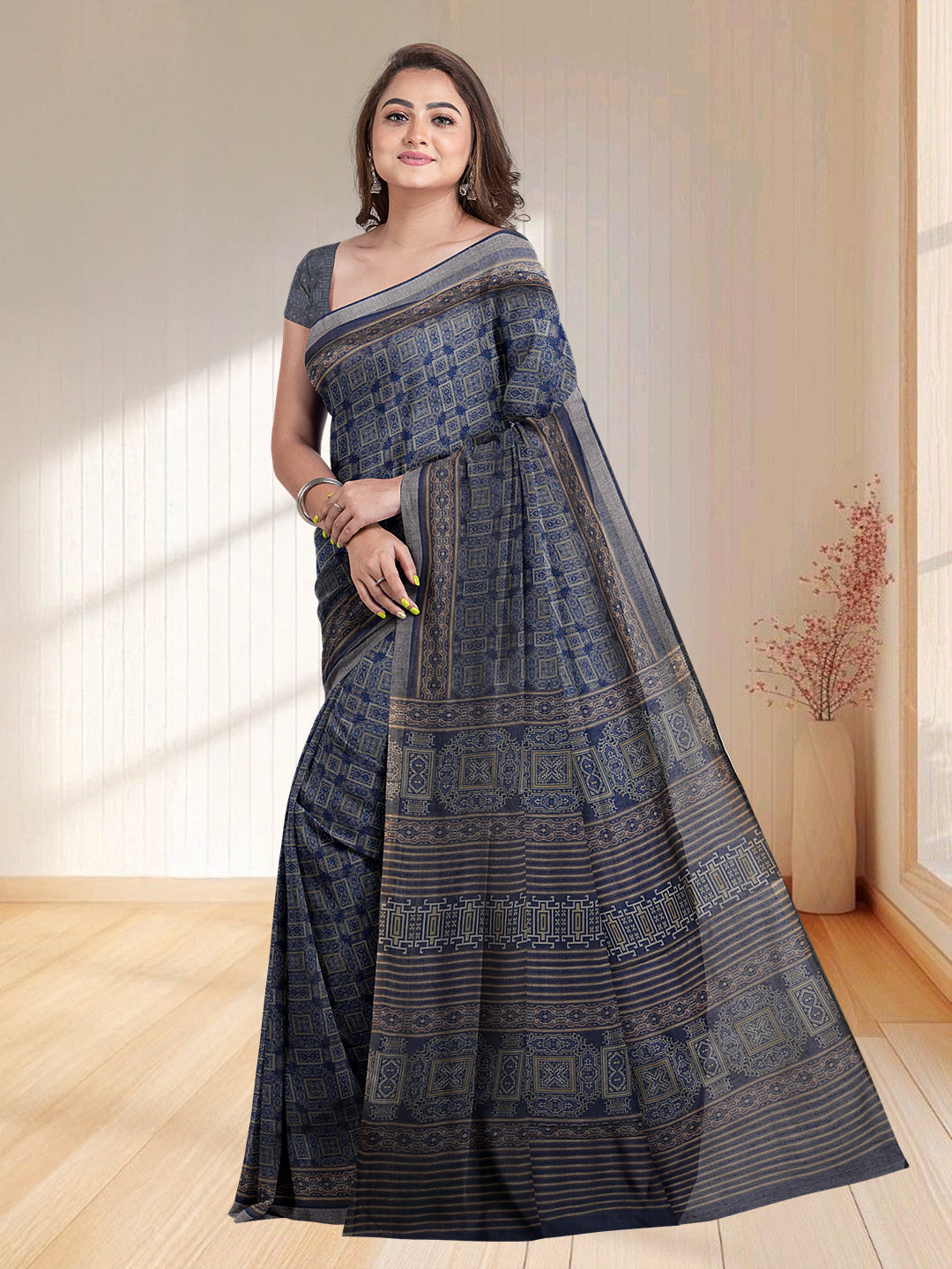 Women Blue Semi Chanderi Cotton Printed Saree SC60