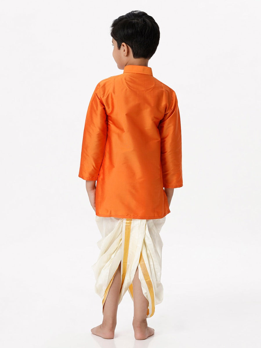 Boys Silk Cotton Full Sleeves Orange Kurta with Panchakacham Combo-Back view