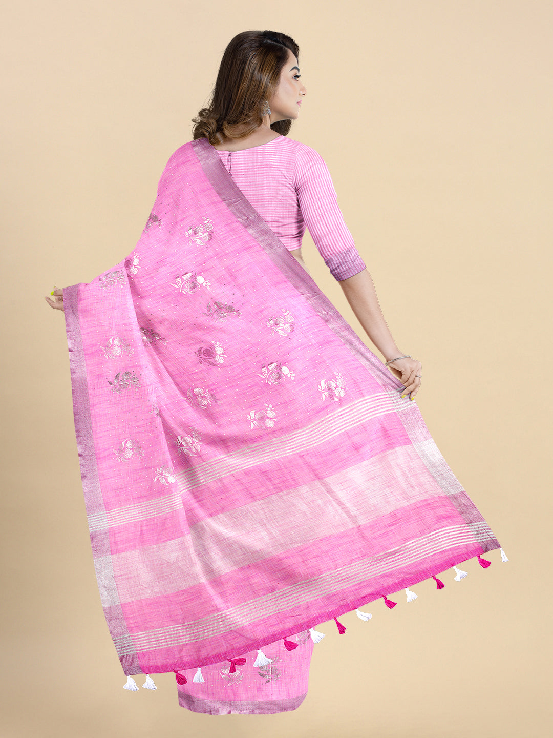 Womens Semi Linen Pink Saree SL91