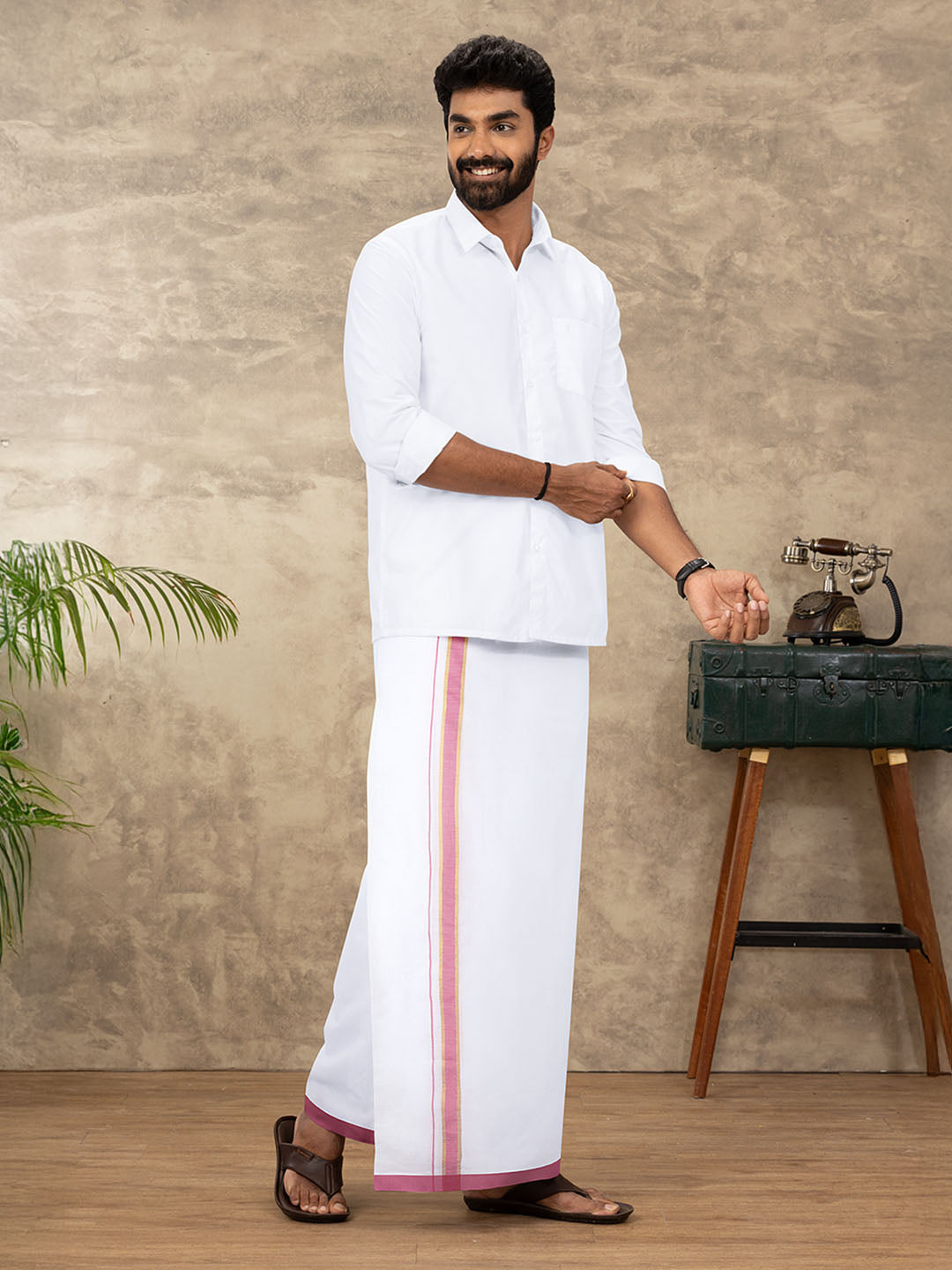 Men Cotton Blend Readymade Double Layer White Dhoti with Fancy Jari Border GFDA05