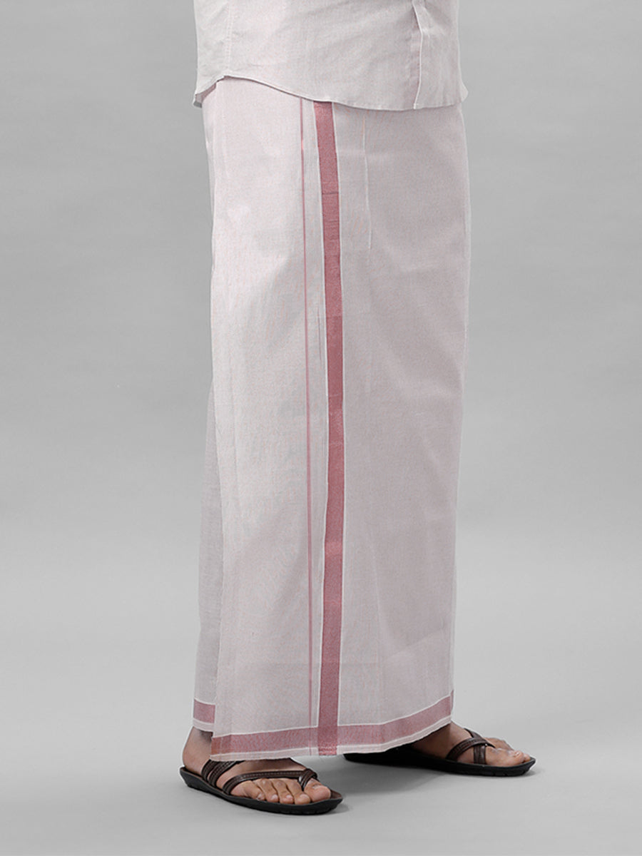 Mens Double Tissue Dhoti with Rose Pink Jari 1" No 5024-Side view