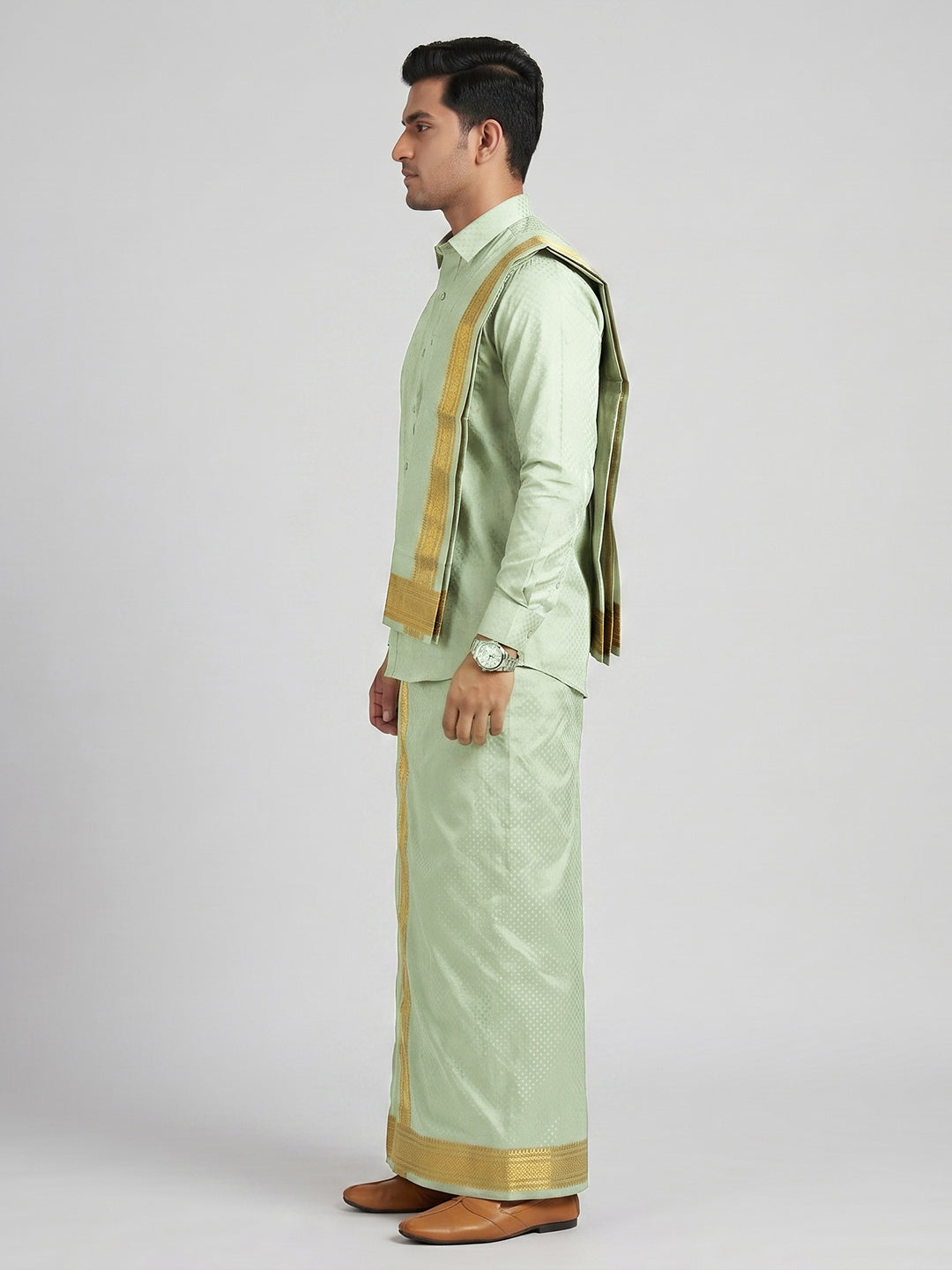 Men Art Silk Jacquard Shirt Dhoti & Towel Set Marine Green Swayamvara Grand MGJD1