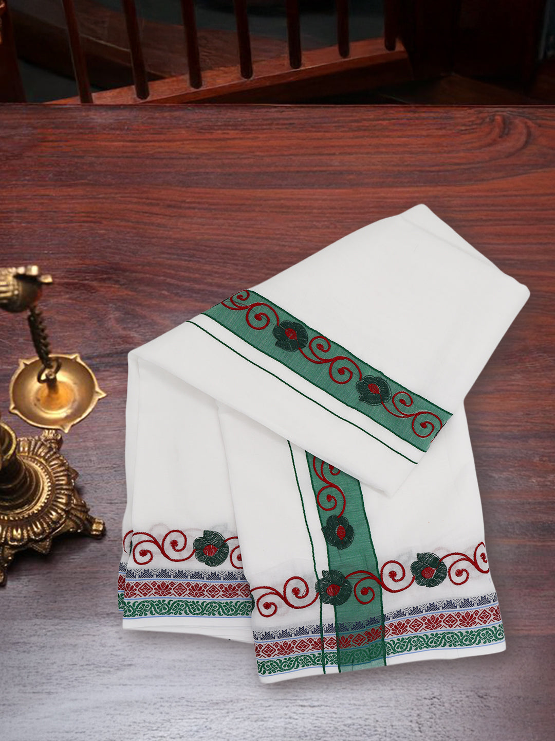 Men 100% Cotton Green Fancy Border Panchakacham Set White(9+5)