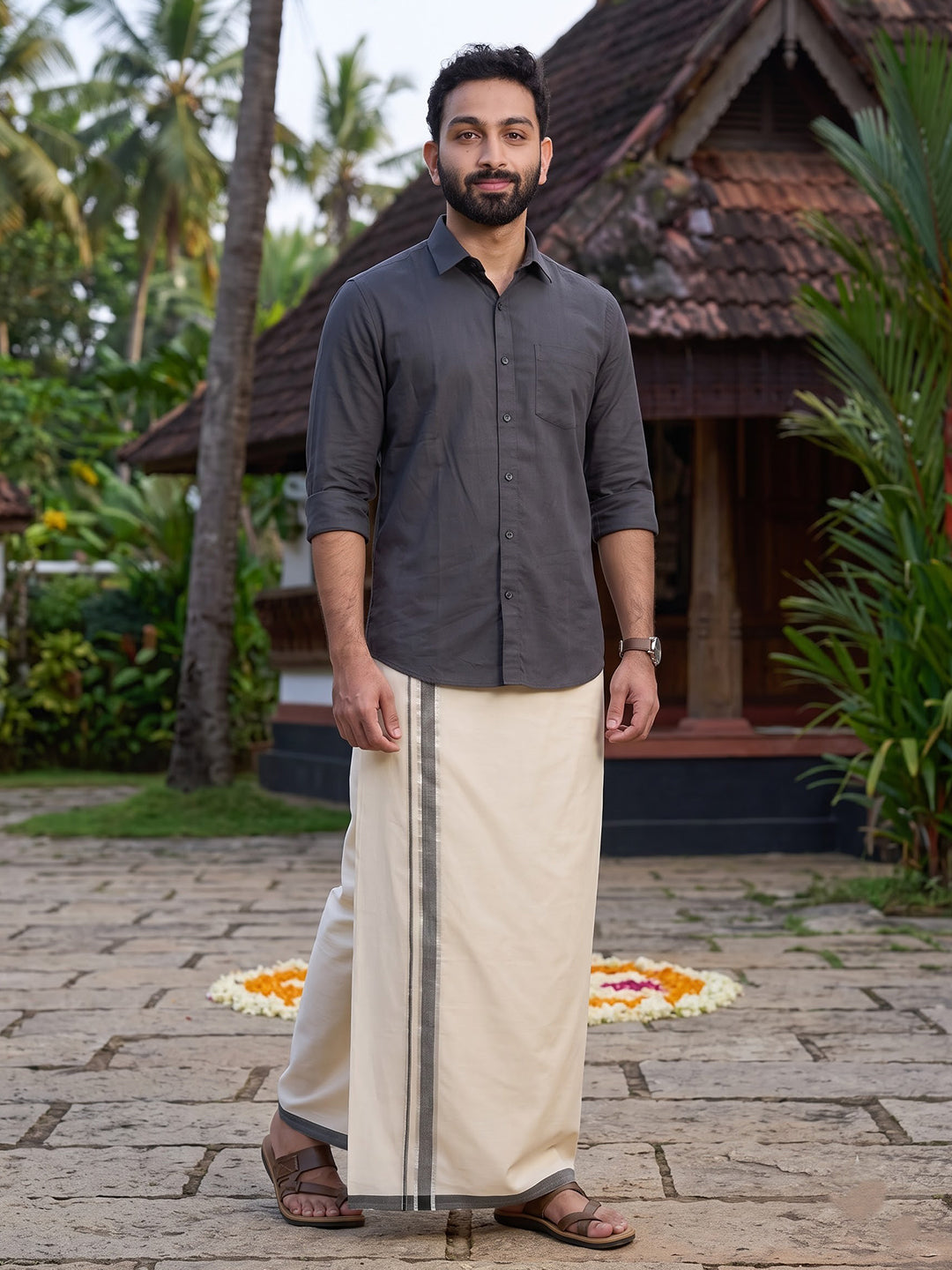 Double Layer 100% Cotton Cream Kora Dhoti with Colour Jari Border - KJ03