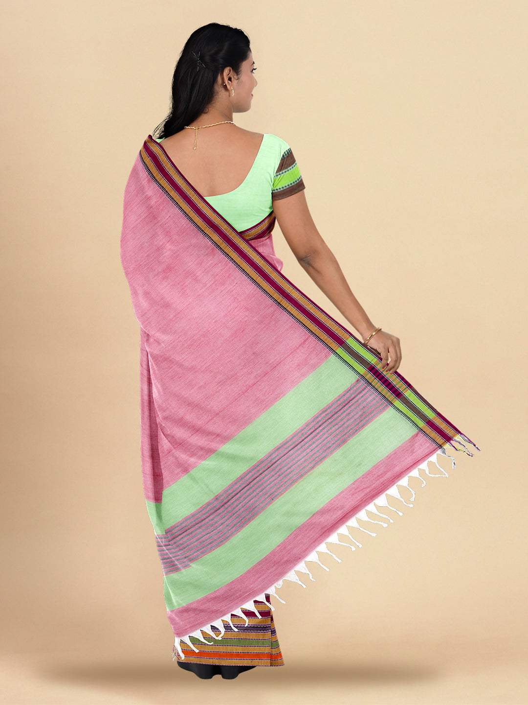 Womens Pure Cotton Plain Pink with Green Colour Border Saree PCS14