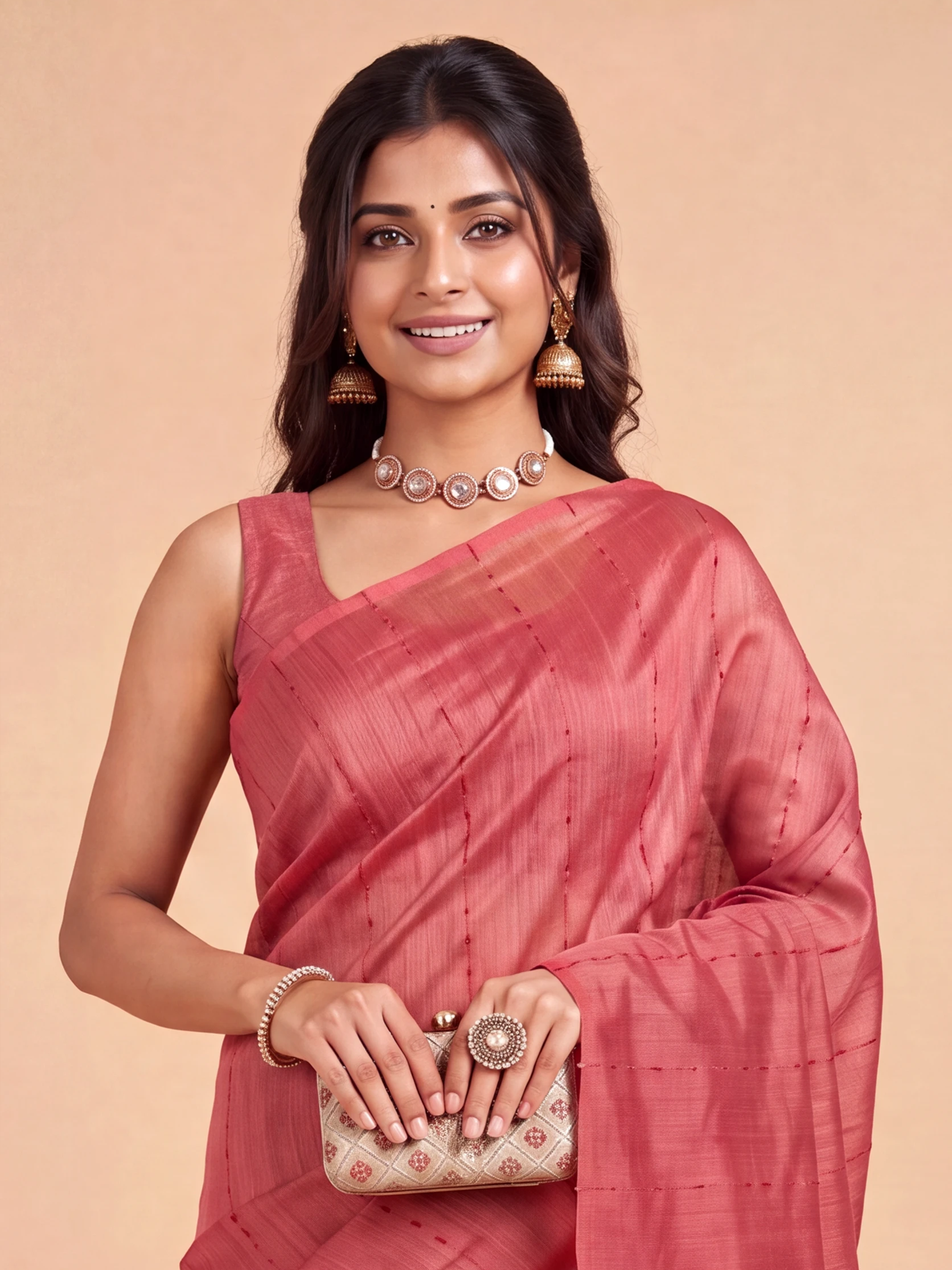 Women Red Semi Tussar Saree ST354