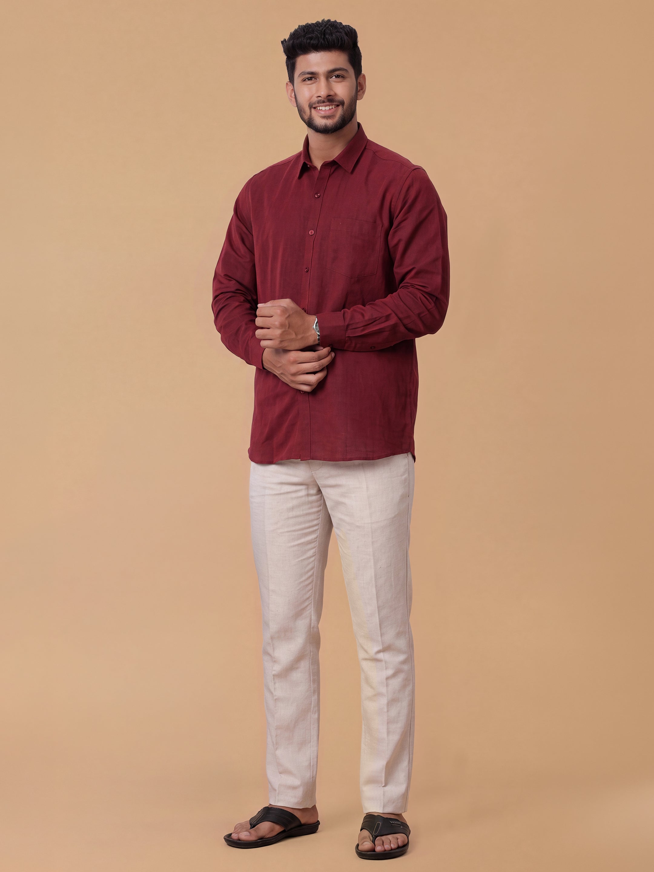 Linen Cotton Maroon Regular Fit Shirt LF14