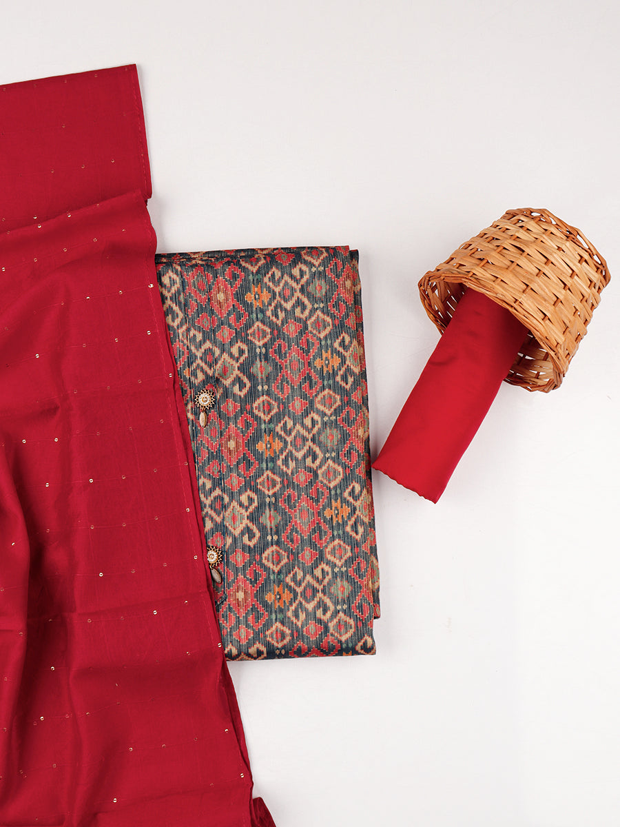 Women Navy & Red Flower Digital Print Unstitched Semi Raw Silk Cotton Dress Material DM108