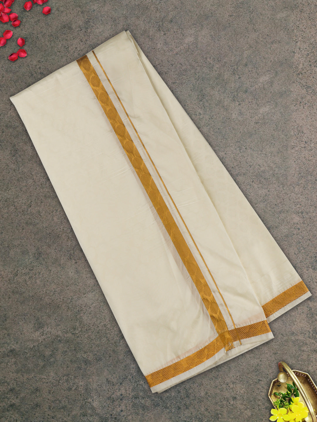 Men Gold Border Double Dhoti & Towel Set Ishwaryam Embose