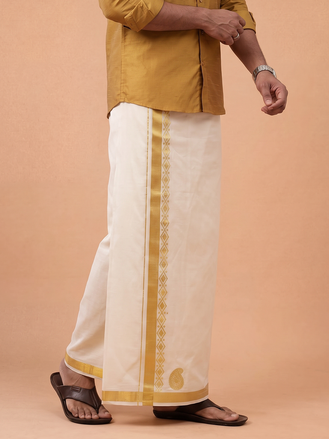 Double Layer Cotton Cream Kora Dhoti With Gold Jari Border - HF Gold HFG06