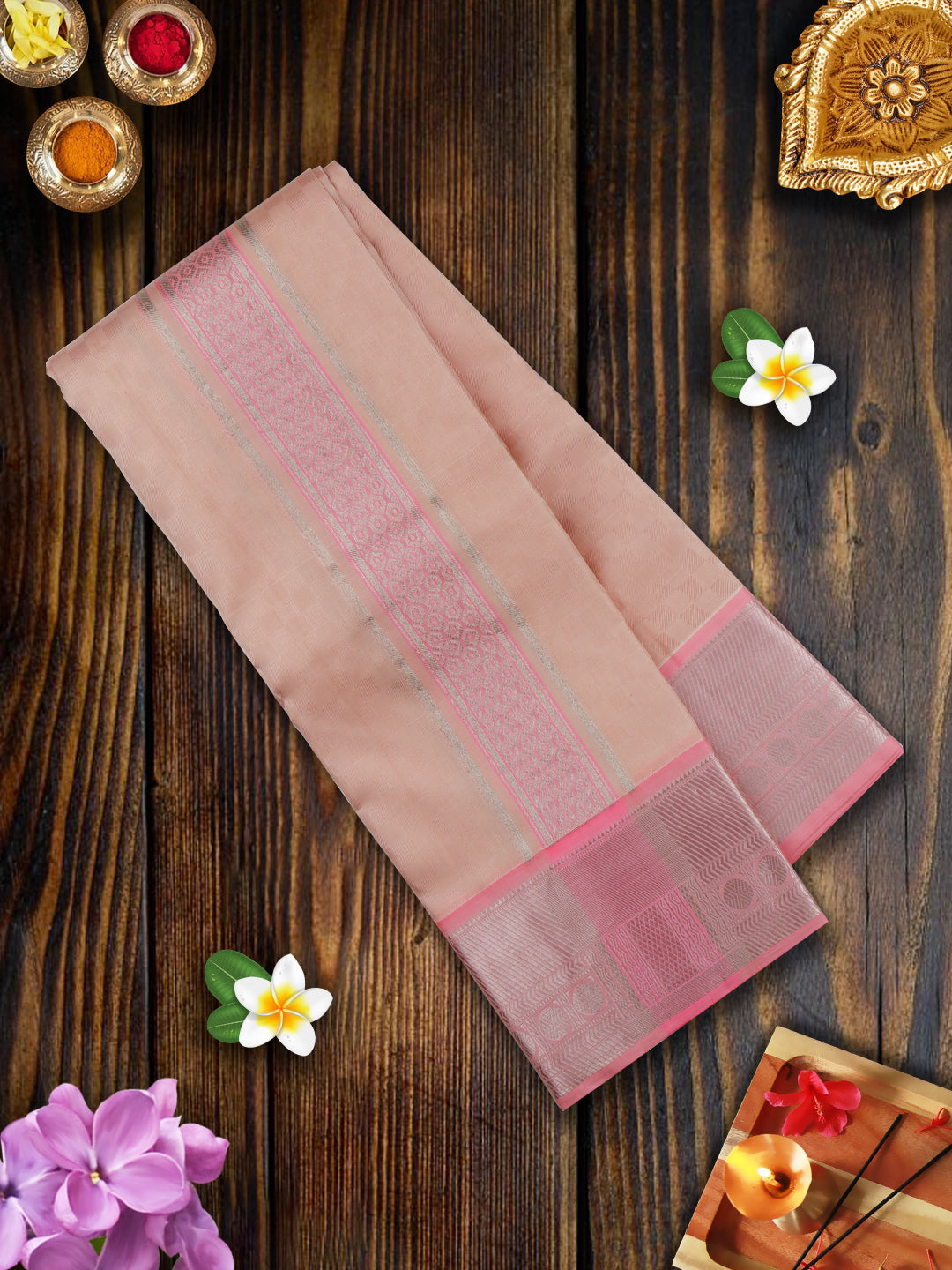 Pure Silk Copper Embossed 4" Pink Jari Border Dhoti With Angavastram Thirukalyan