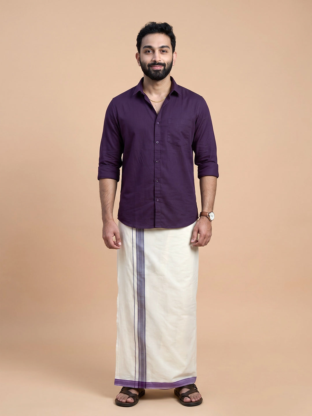 Double Layer 100% Cotton White Dhoti with Colour Jari Border - EJF25