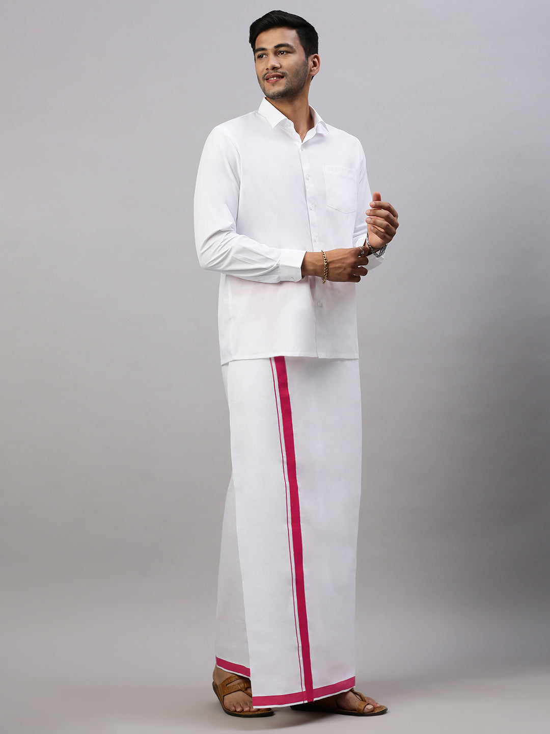 Men Dark Pink Border Single Layer White Dhoti Winner Spl WS21