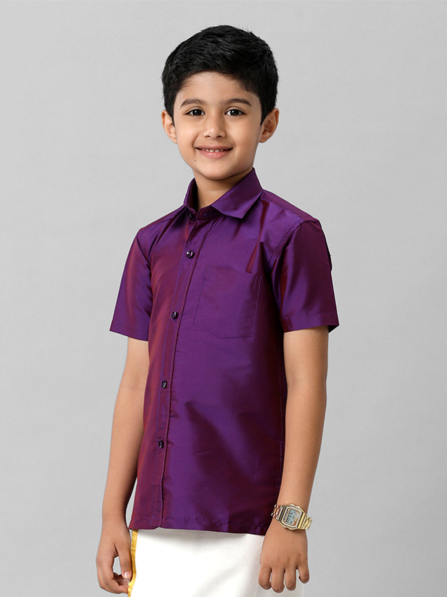 Boys Silk Cotton Violet Half Sleeves Shirt K21-Side view