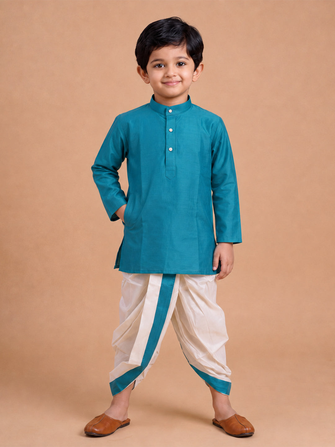 Boys Slub Cotton Full Sleeves Blue Kurta with Panchakacham Combo Set SL2