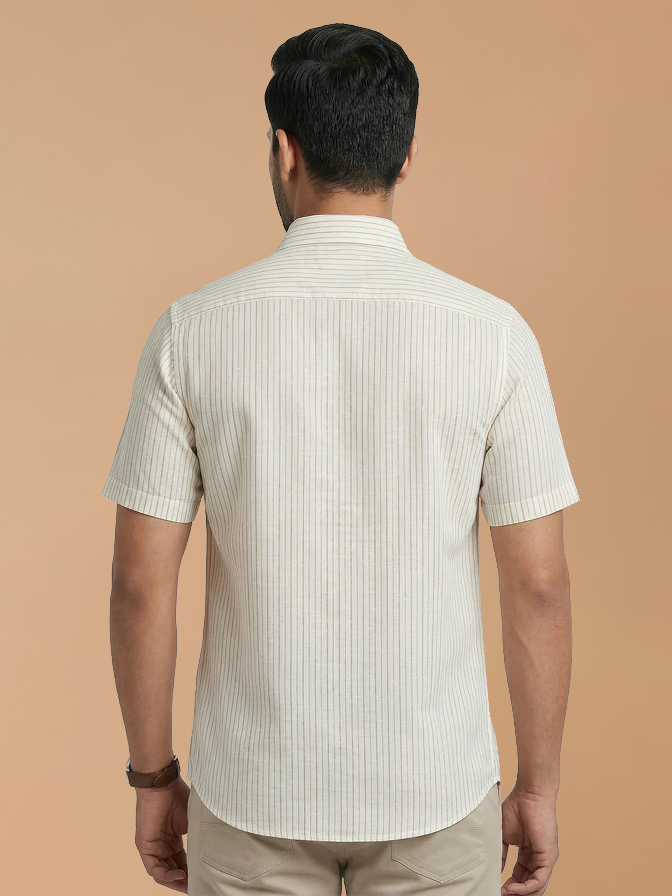 Pure Linen Beige Striped Smart Fit Shirt LS134