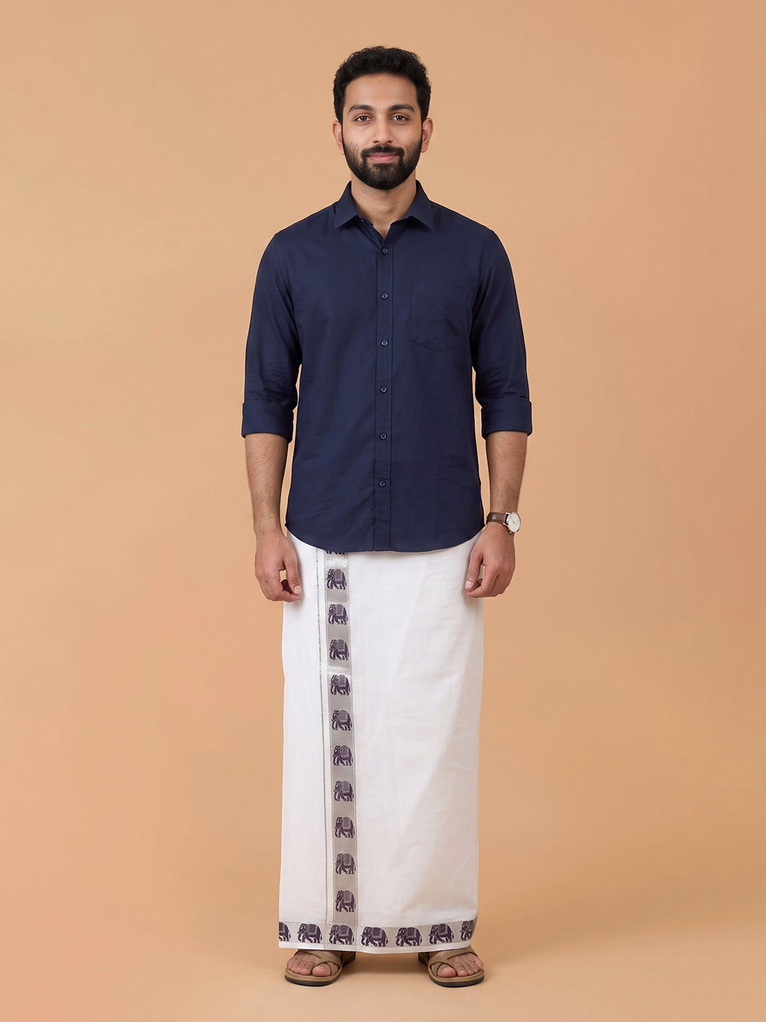 Double Layer 100% Cotton White Dhoti with Colour Jari Border - LC49