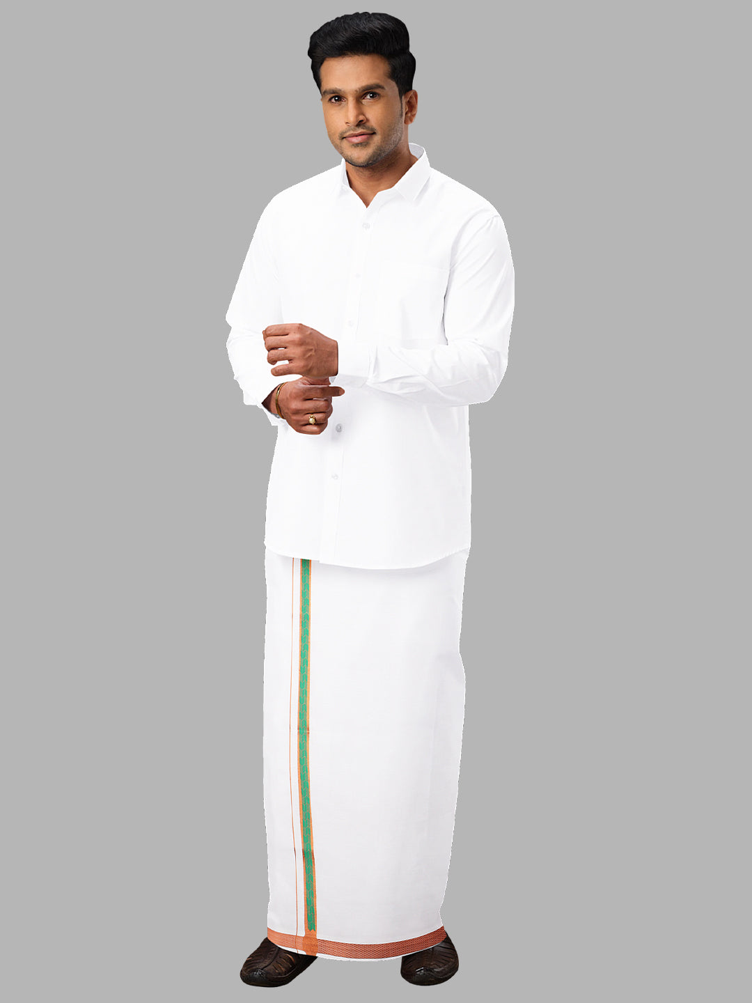 Men White with Green Fancy Jari Border Single Layer Dhoti Roxy R02