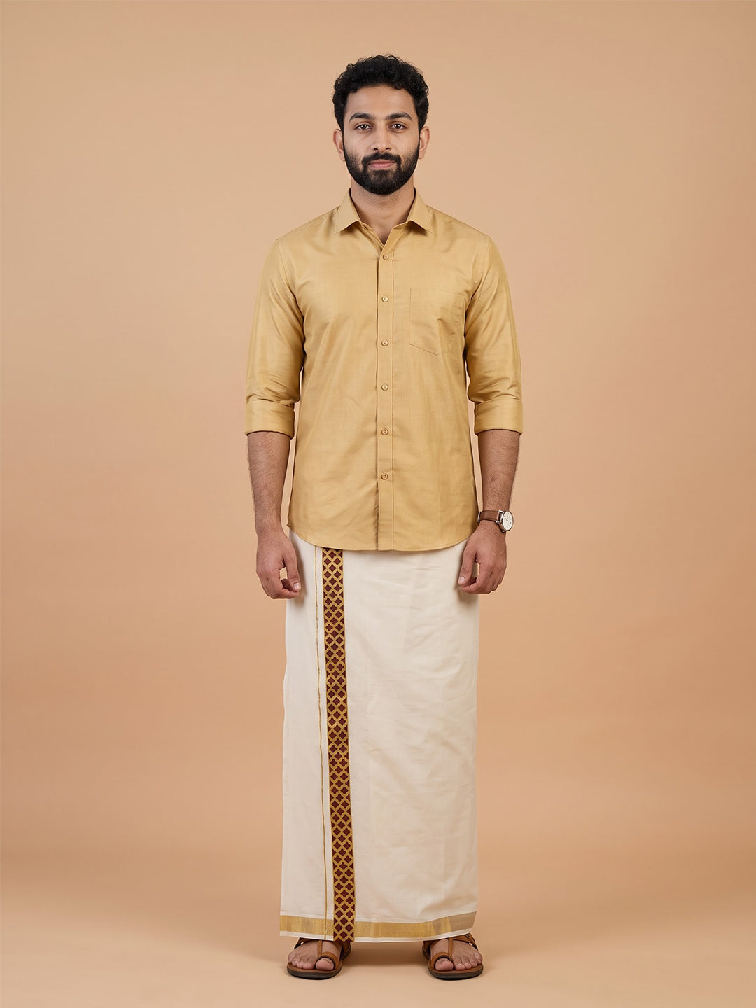 Men Kora Cotton Double Layer Dhoti with Fancy Jari Border Pazhassi Royal Red