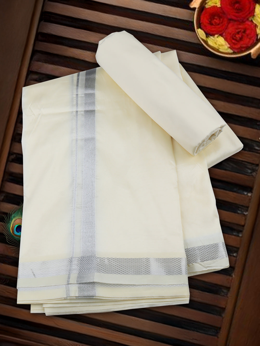 Men Art Silk Jari Dhoti & Shirting Set Silver Shubha Hora (3*1)