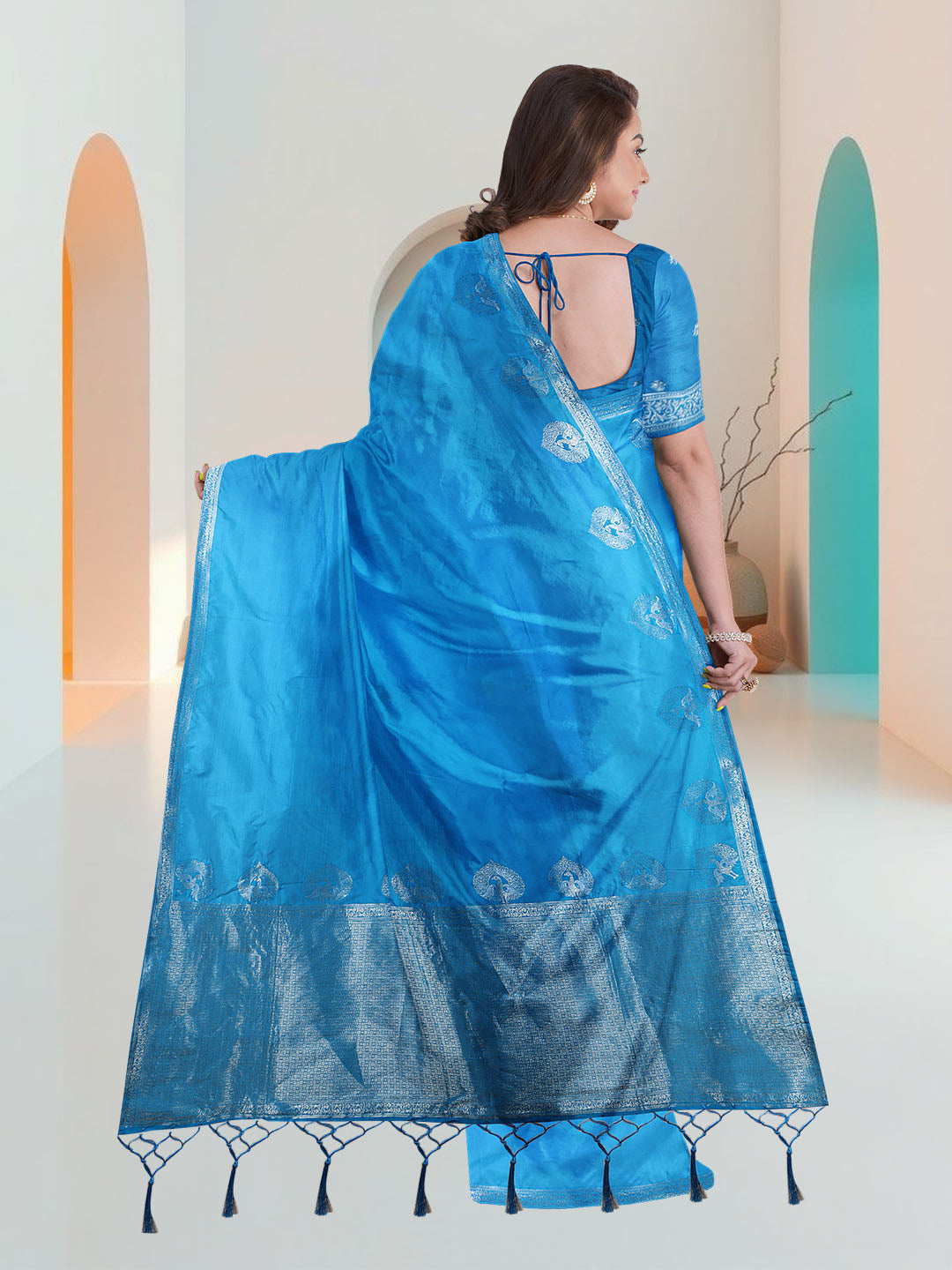 Women Blue Art Silk Printed Saree ASS92