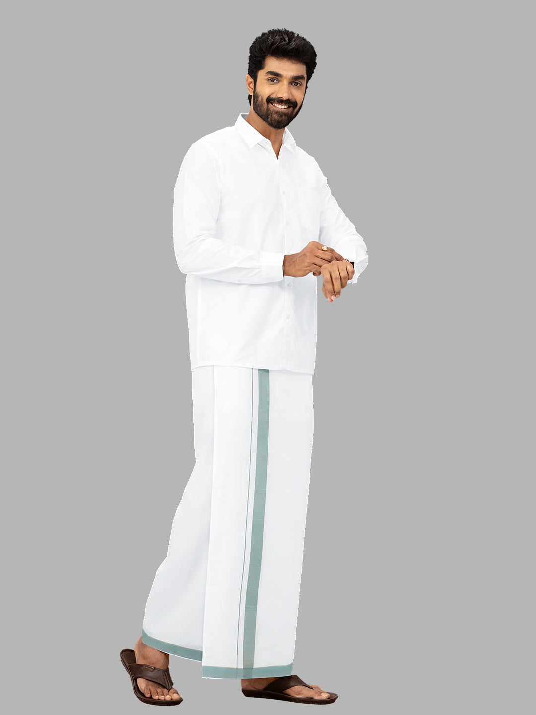 Men LightBlue Border Single Layer Adjustable Pocket Dhoti GACS5