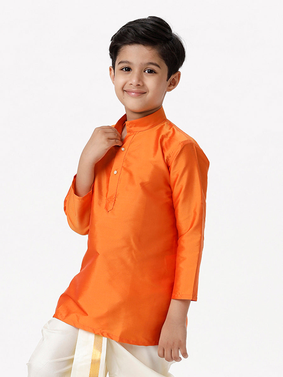 Boys Silk Cotton Full Sleeves Orange Kurta-Side view