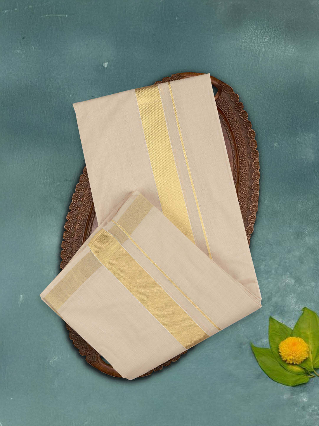 Men Premium Cotton Handloom Dhoti with Gold Jari Border HLM36