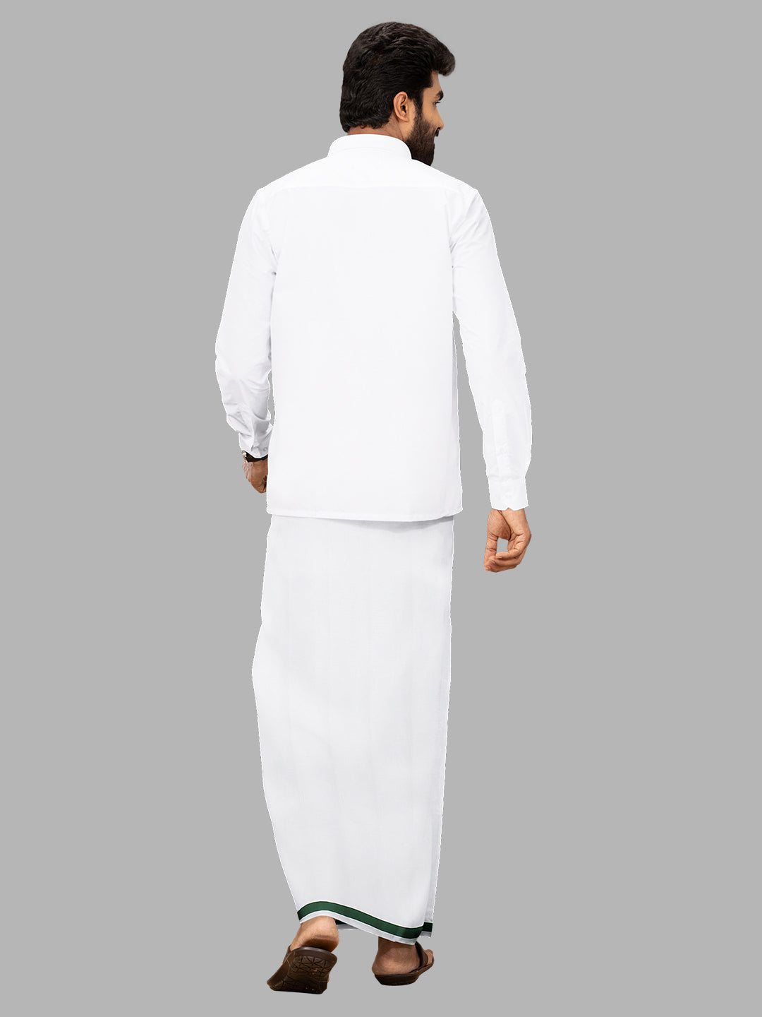 Men Green Fancy Border Single Layer White Dhoti PF01