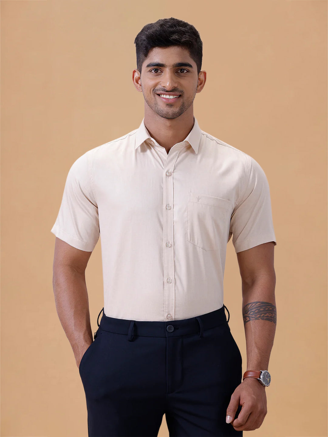 Cotton Rich LT Beige Sandal Regular Fit Shirt T61 AKT1