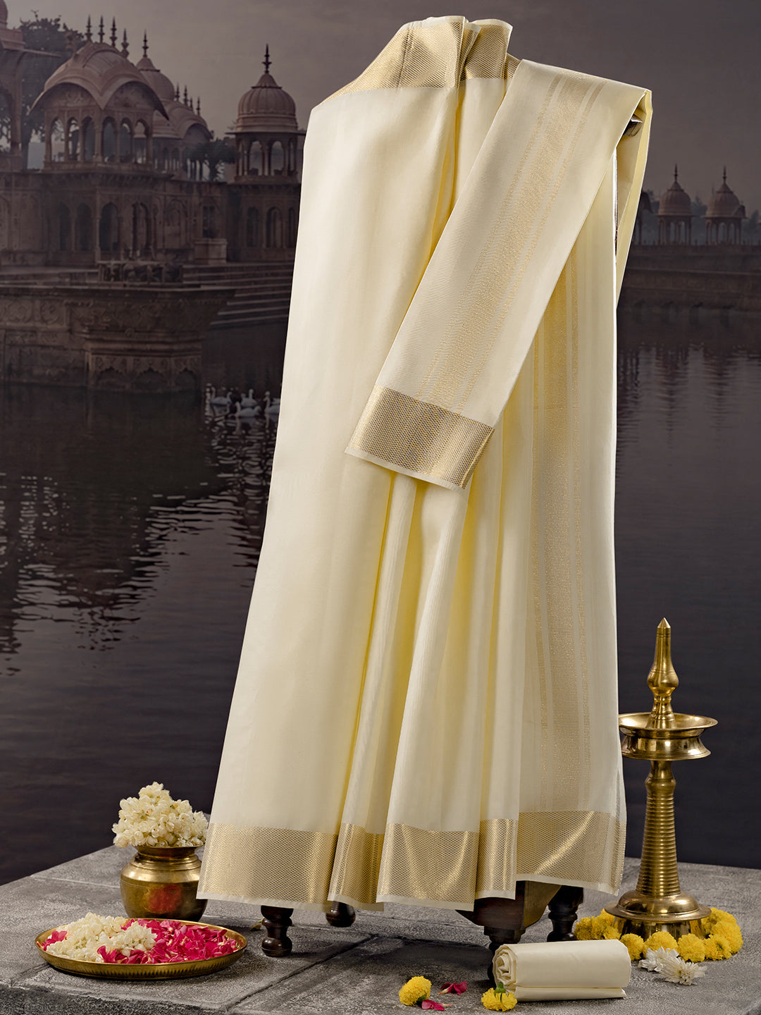 Premium Pure Silk Cream Plain Dhoti Shirting & Towel Set 4" Jari Border – Rajadharbar