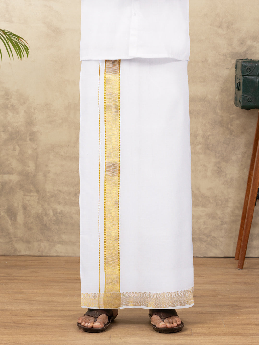 Men Cotton Blend Readymade Single Layer White Dhoti with Gold Jari Border GAA06
